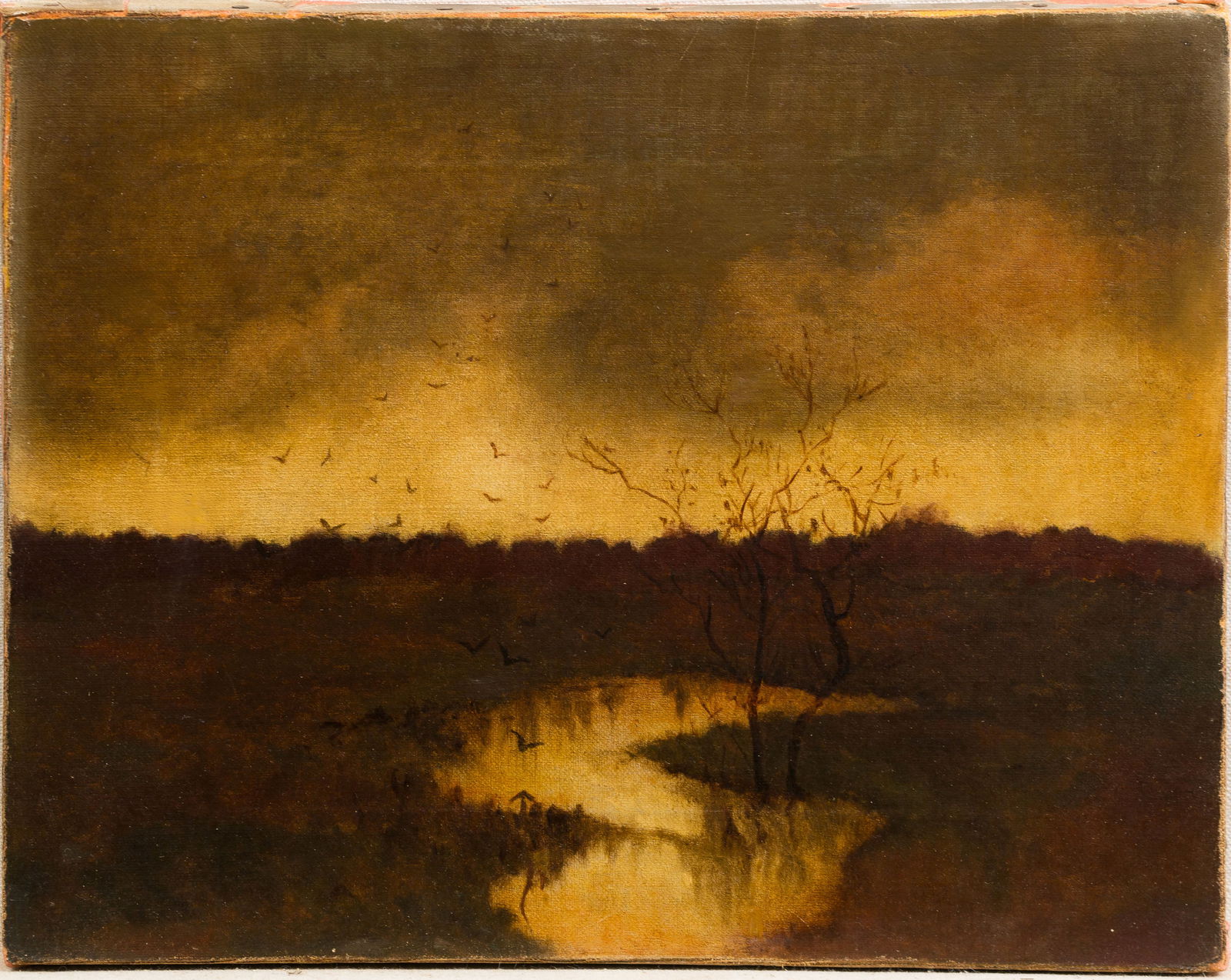 Circle of John Francis Murphy Antique American Sunset Tonalist Hudson River School Oil Painting: Oil on canvas. Image size, 14L x 11H.