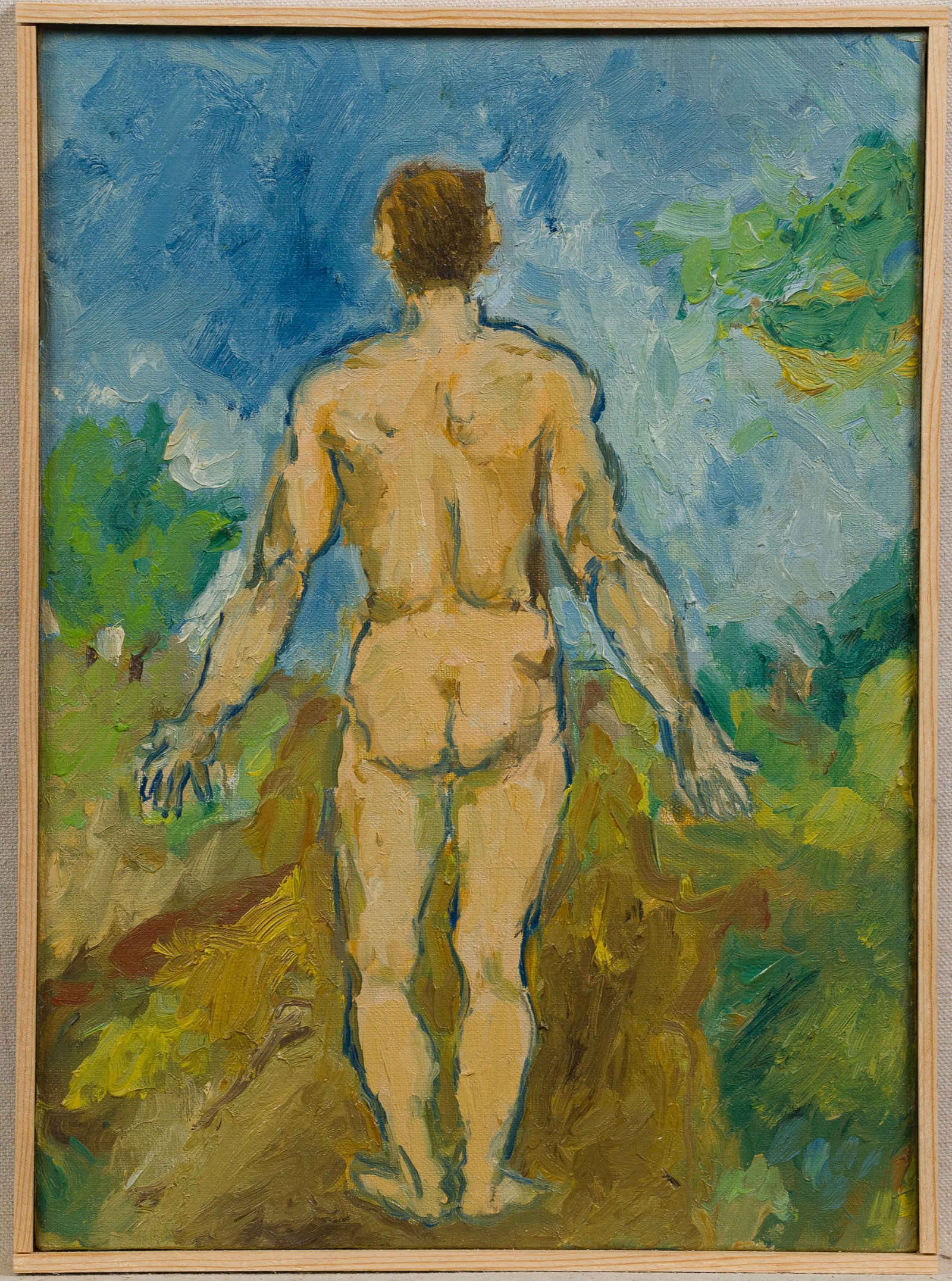 Vintage American Impressionist Nude Male Portrait Framed Oil Painting: Oil on canvas.