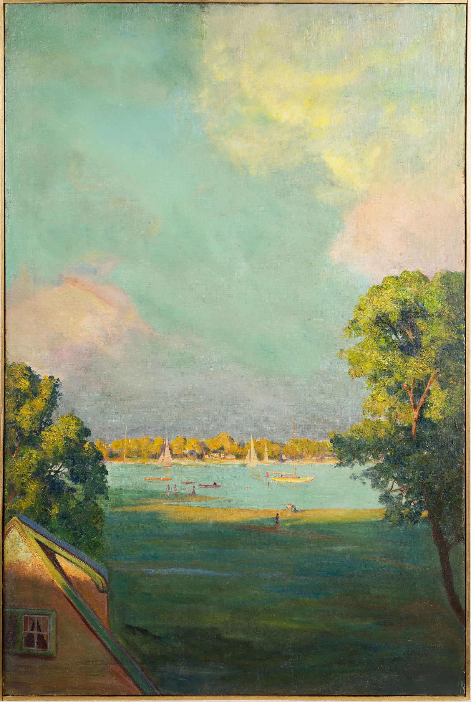 Antique American Impressionist Large Sunny Beach Scene Hamptons NY Oil Painting (1 of 6)