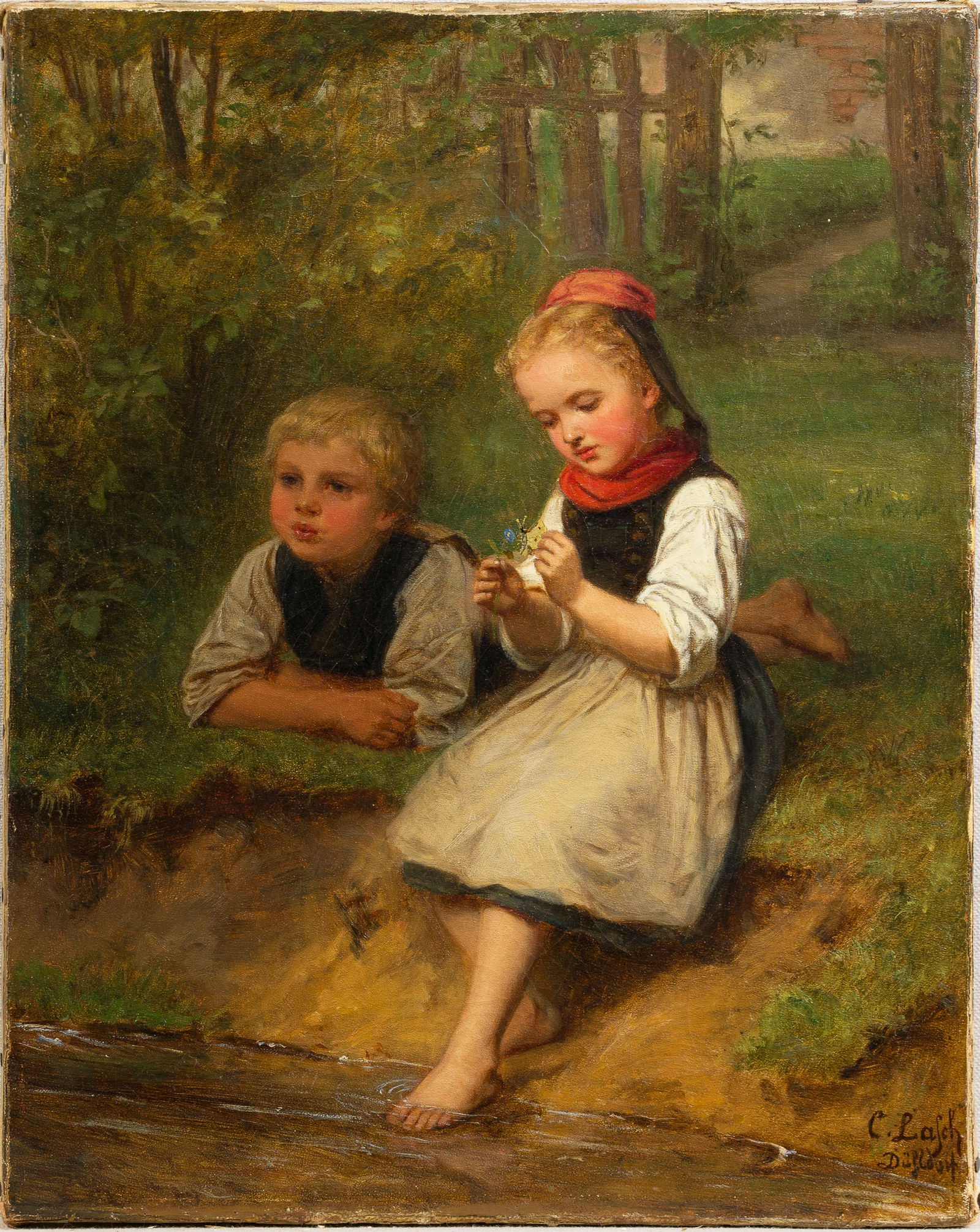 Antique Signed German Impressionist Landscape Kids Playing 19th Century Oil Painting (1 of 7)