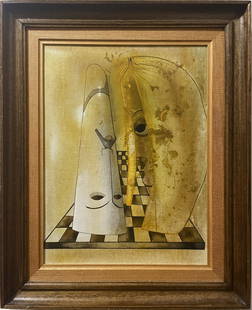 Important Period Modernist Surreal Chess Board Signed Monogrammed Framed Oil Painting: Up for sale here is a really exceptionally well painted surreal modernist composition. Signed in monogram and has the feel of a major work! Make sure you take a close look at this one. Image size, 12L