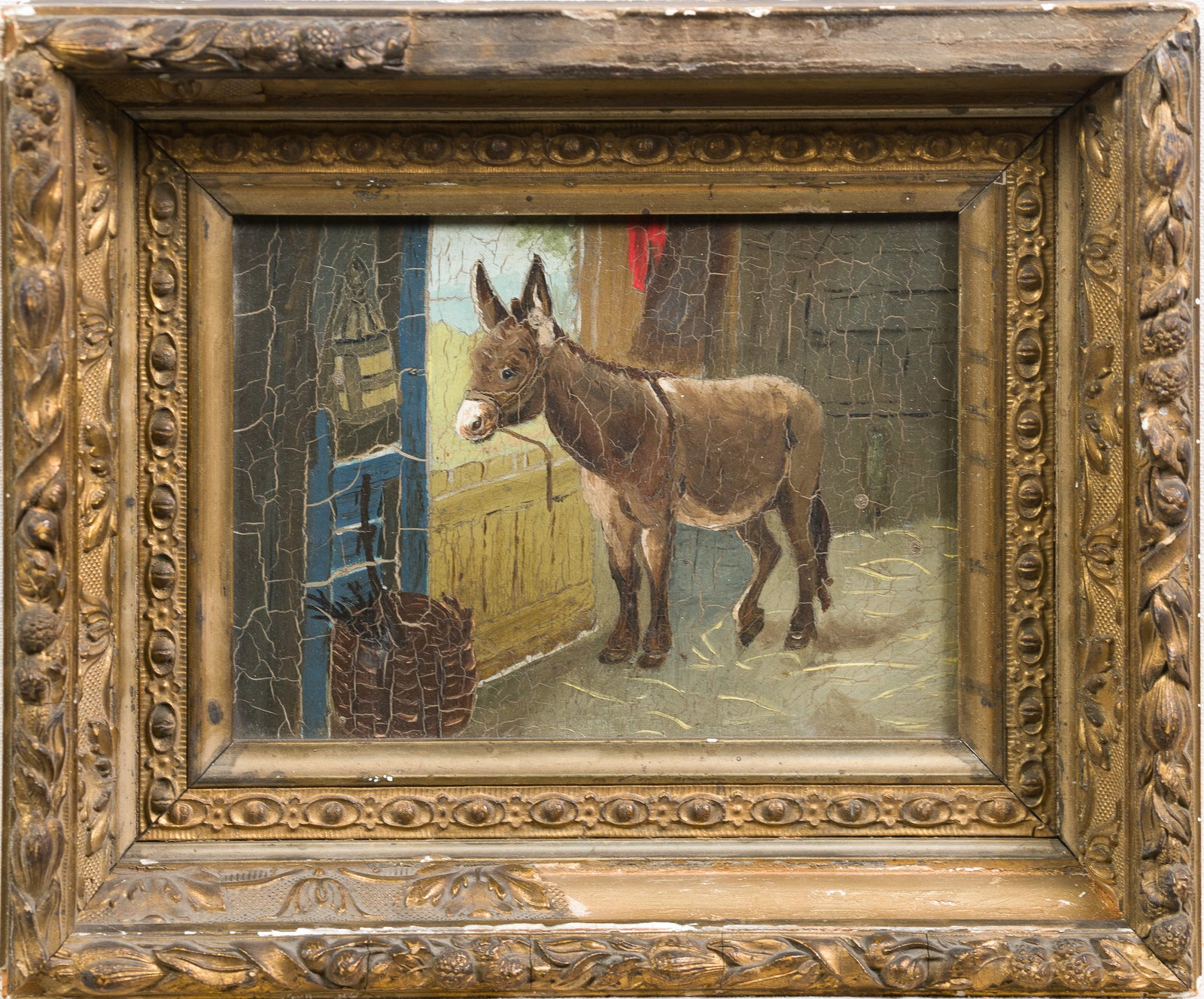 Antique American Impressionist Sweet Donkey Portrait Framed Oil Painting: Oil on canvas. Framed. No signature found.