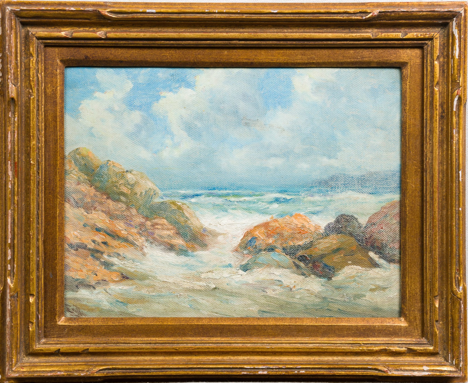 Antique American Impressionist Coastal Seascape Giltwood Frame Oil Painting: Oil on board. Framed. Signed illegibly lower left.