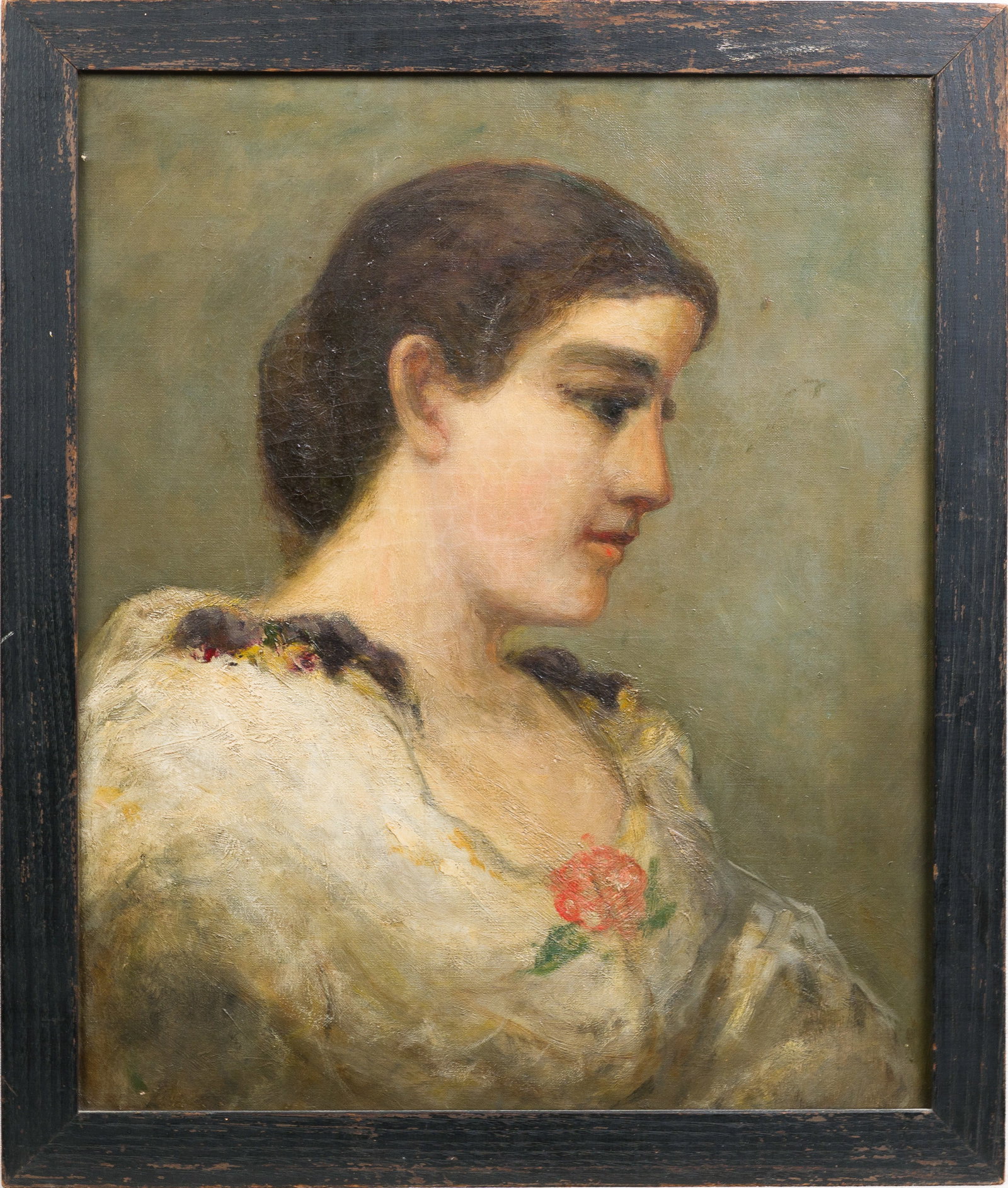 Antique Exhibited Young Beautiful Woman Impressionist Oil Painting Portrait: Framed oil on canvas. Exhibition tag remains verso. Finely painted.