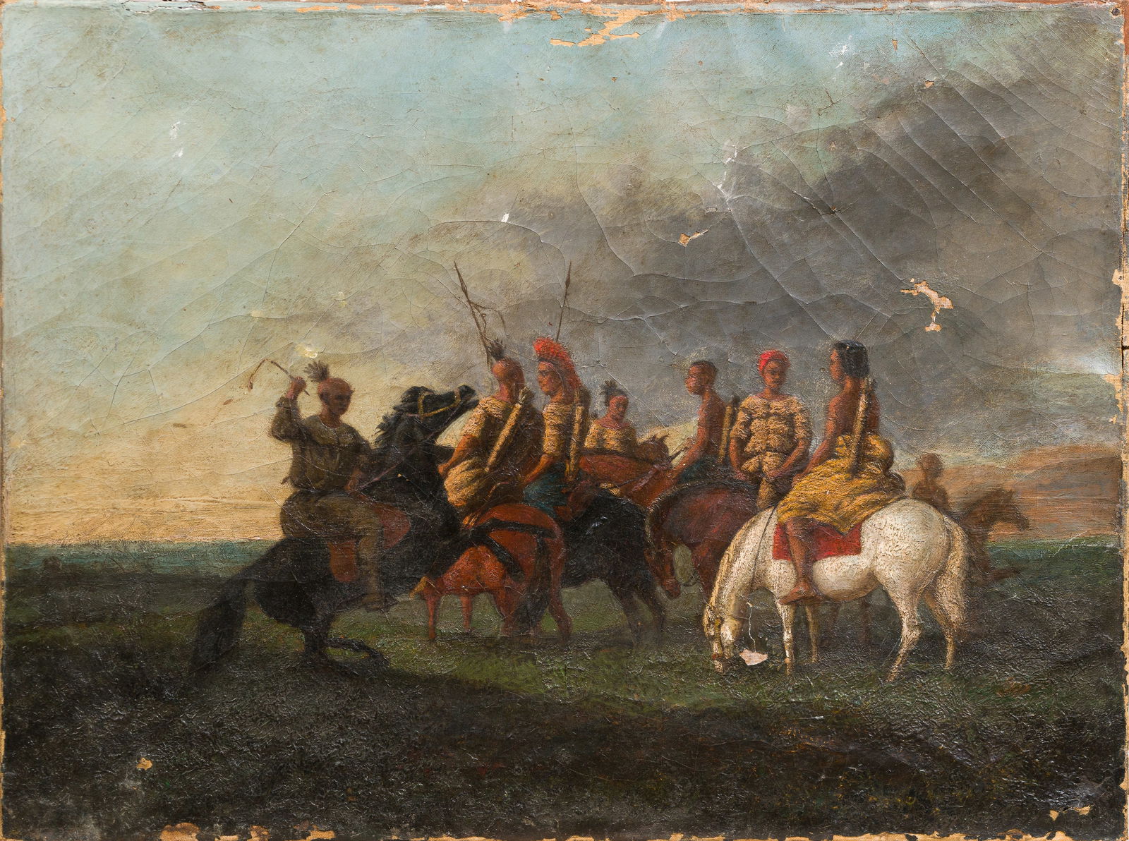 Antique American 19th Century Western Landscape Native Americans on Horseback Oil Painting (1 of 4)