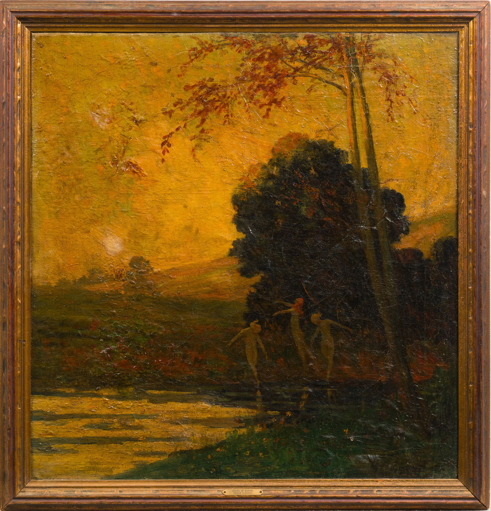 Arthur Bowen Davies 1862-1928 Antique American Impressionist Sunset Nude Women Bather Painting: Oil on canvas. Framed. Provenance verso. Titled, "Leaves of Autumn".