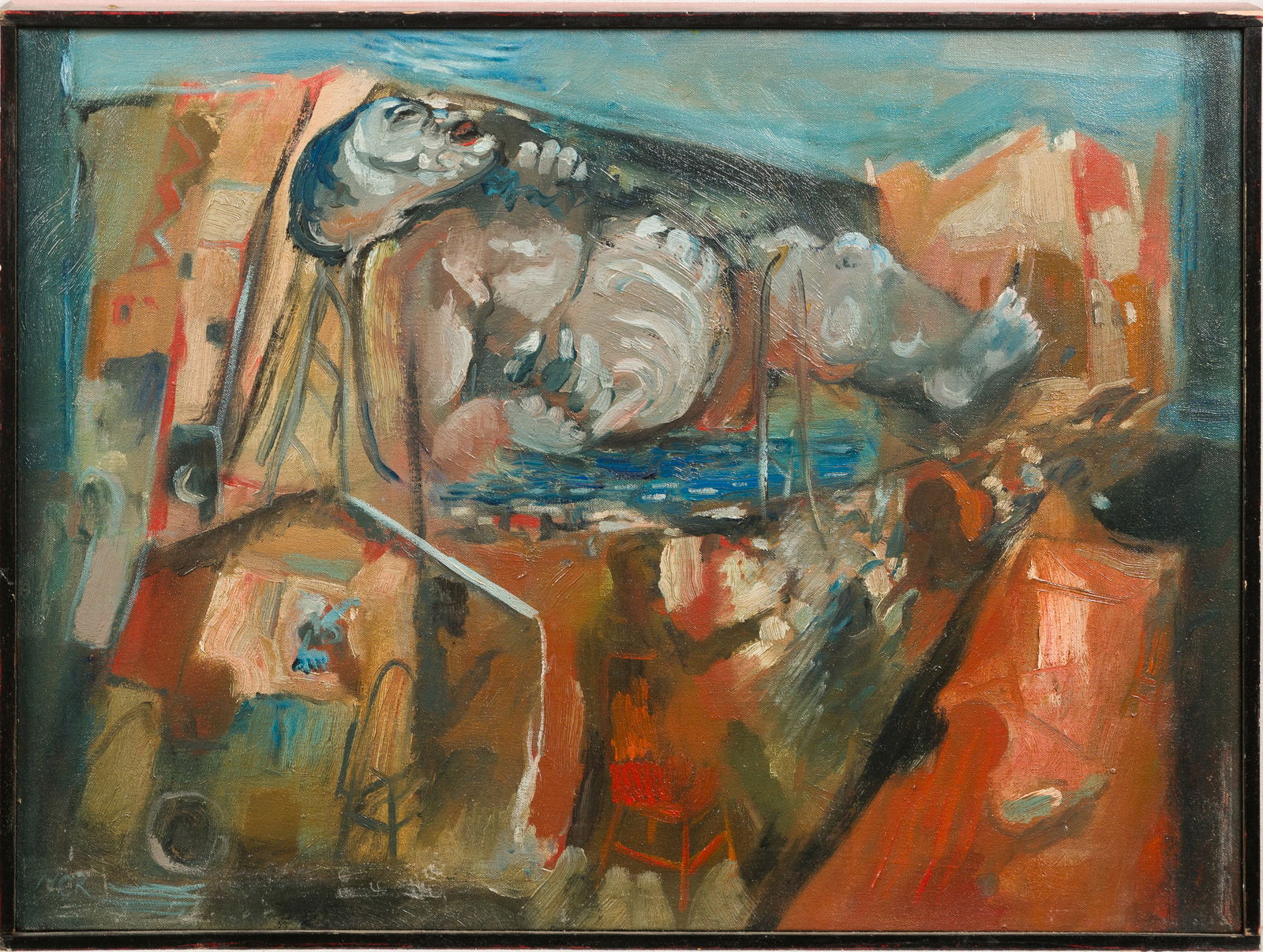 Vintage Surrealist Modern Portrait in Landscape Framed Original Oil Painting (1 of 7)