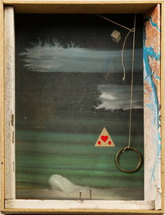 Vintage American Modernist Surreal New York City Assemblage Painting Joseph Cornell School: Oil and mixed media on a wood box. Titled verso. No signature found.