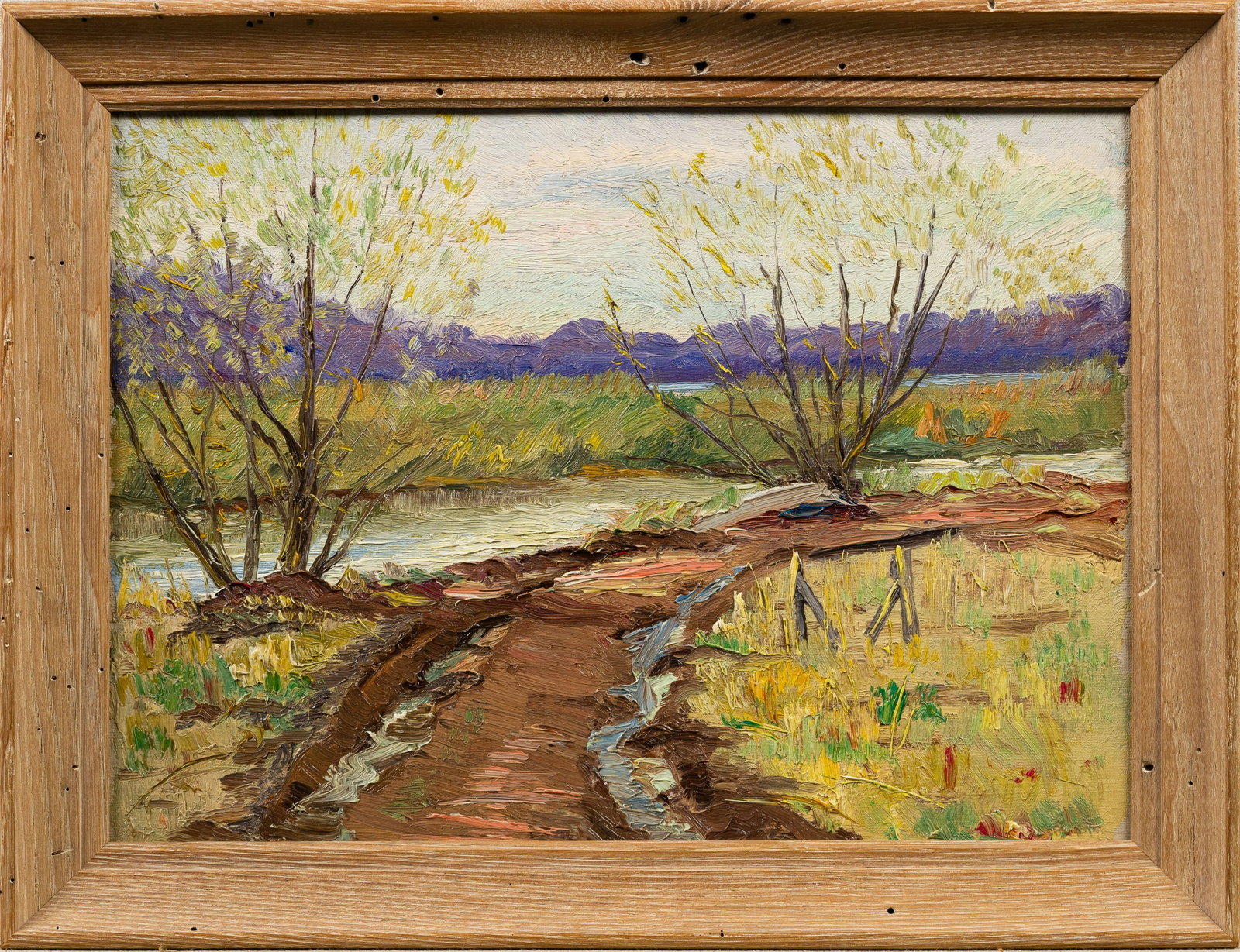 Antique American Impressionist Framed Landscape Oil Painting: Oil on board. Framed. Image size, 14L x 10H.