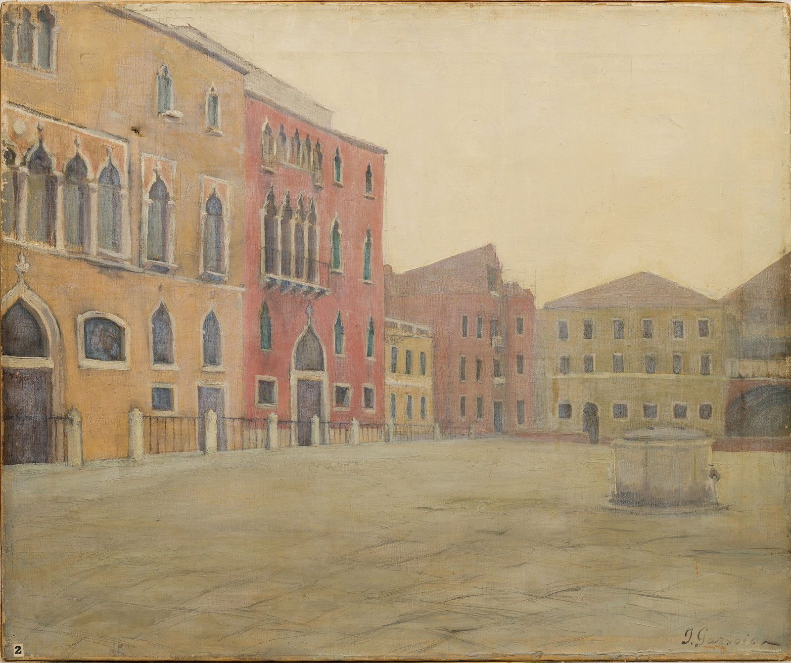 Signed Italian Impressionist Venice Piazza Antique Original Oil Painting Exhibited: Oil on canvas. Image size, 20L x 24H.