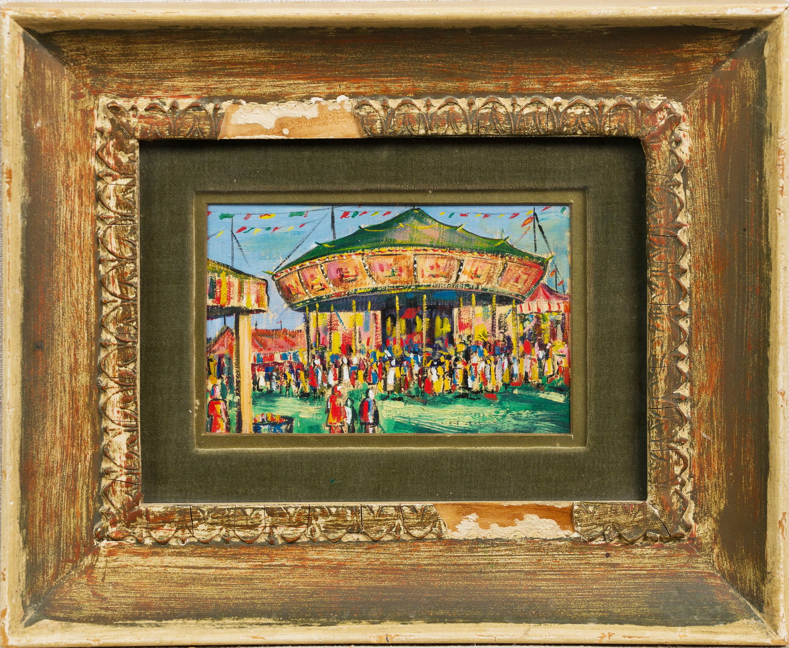 Antique American School Circus Carnival Merry Go Round Miniature Oil Painting (1 of 4)