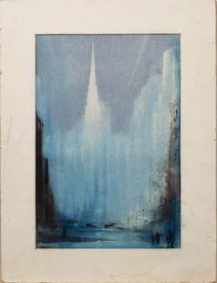 Leon Louis Dolice (1892 - 1960) Signed New York City Modernist Pastel Cityscape Painting: Image size, 12L x 18H.