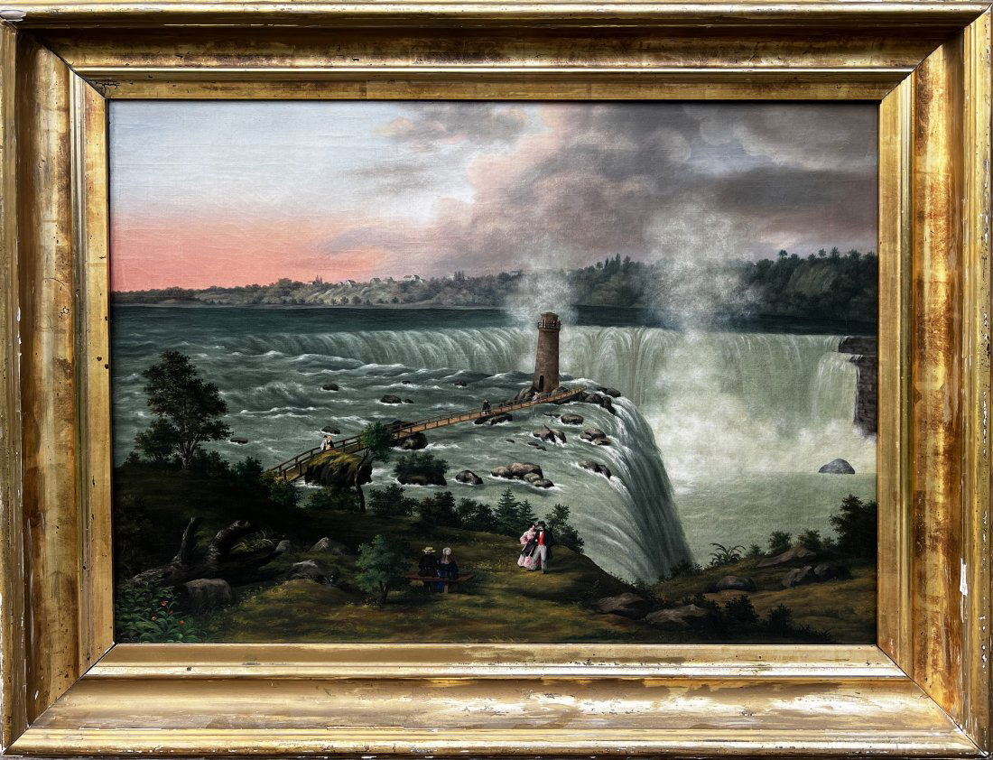 Antique American Hudson River School Niagara Falls Sunset Folk Art Landscape Original Oil Painting (1 of 7)