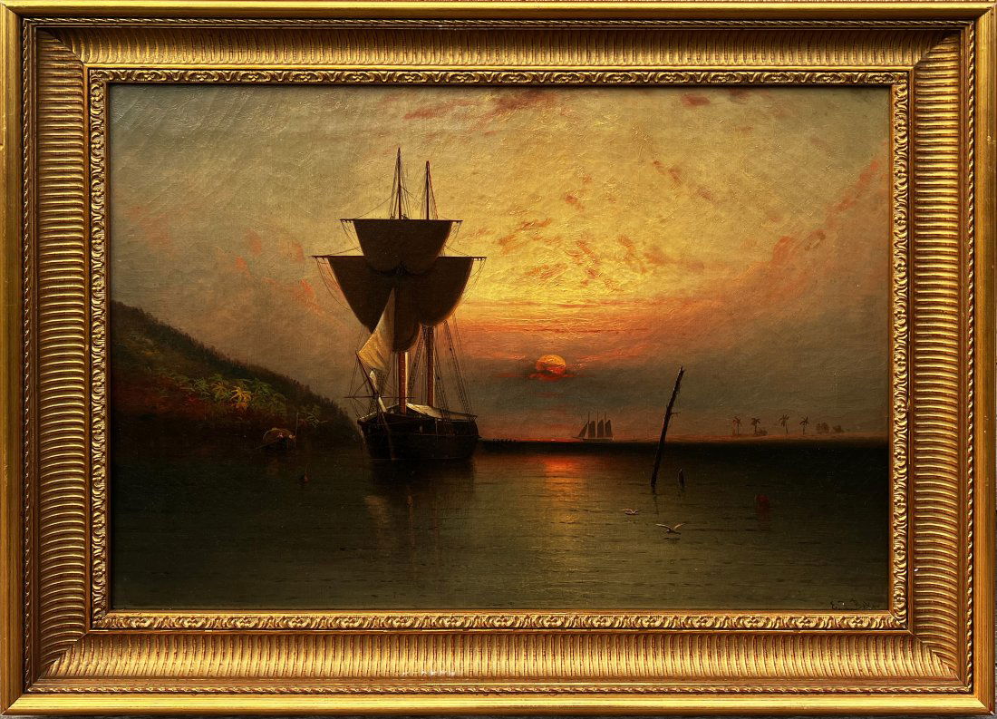Elisha Taylor Baker 1827-1890 Antique American Sunset Tropical Seascape Sunset Oil Painting (1 of 9)