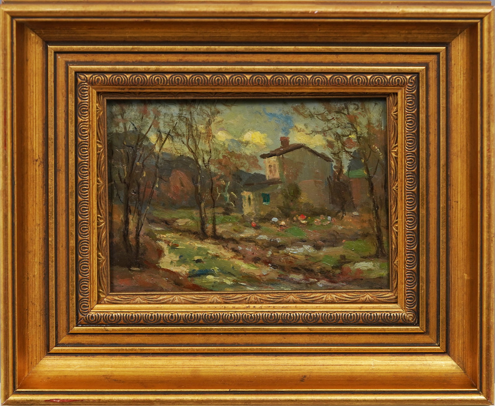 Antique American School Impressionist Farm Framed Landscape Oil Painting: Antique American oil painting. Oil on board. Framed. Please see all images for condition and size.