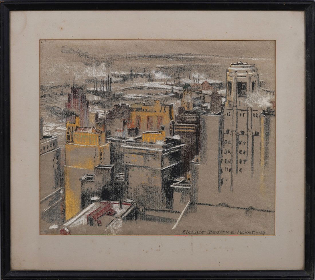Eleanor Acker b1907 Amazing Exhibited Rare 1934 Female Modernist Winter Cityscape Signed Painting (1 of 9)