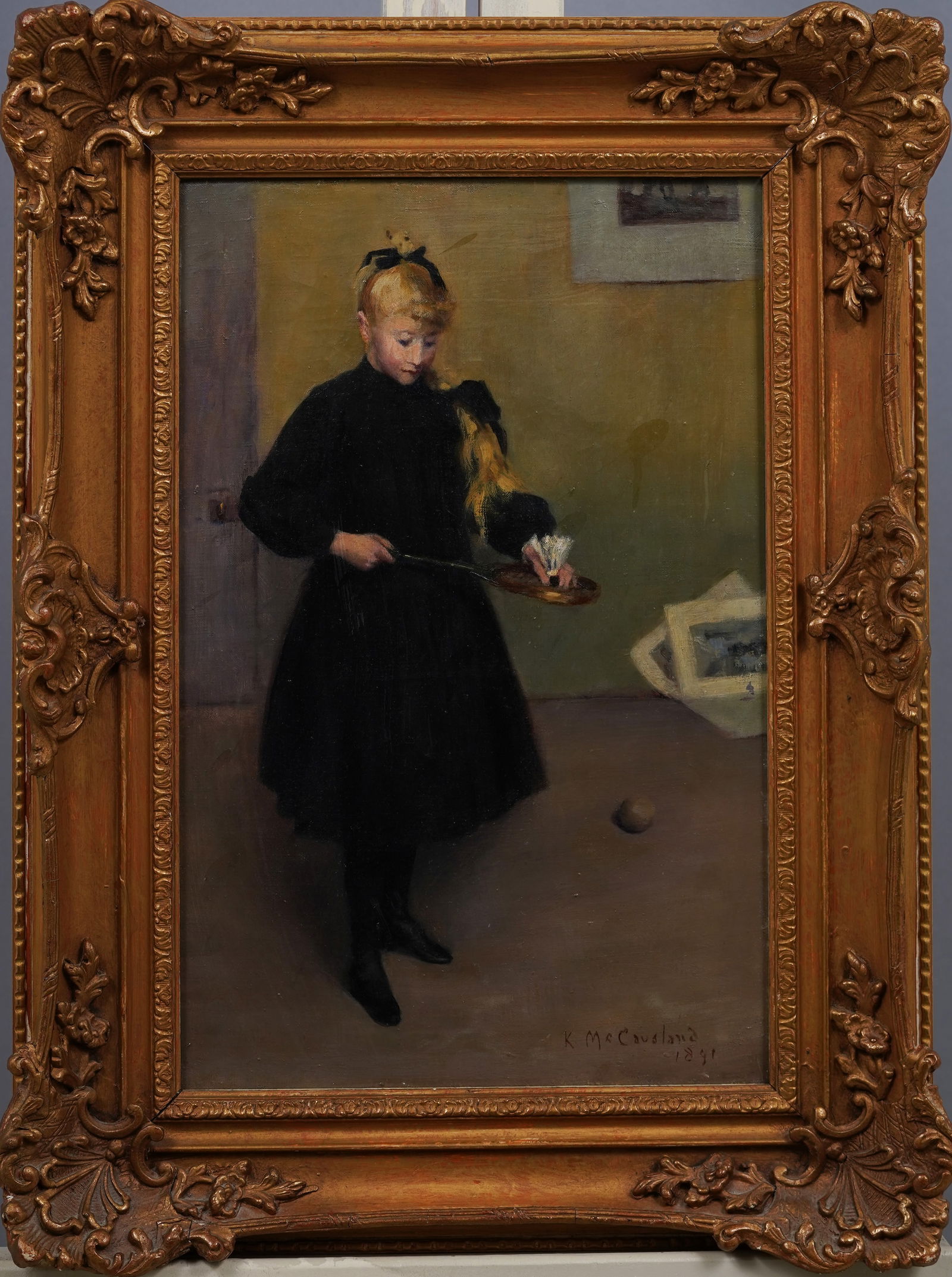 Signed 91 Antique Irish American Impressionist Badminton Sporting Art Portrait Original Oil Painting (1 of 7)