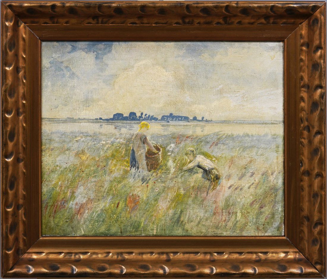 Antique American Impressionist Picking Flowers Finely Framed Landscape Original Oil Painting (1 of 6)