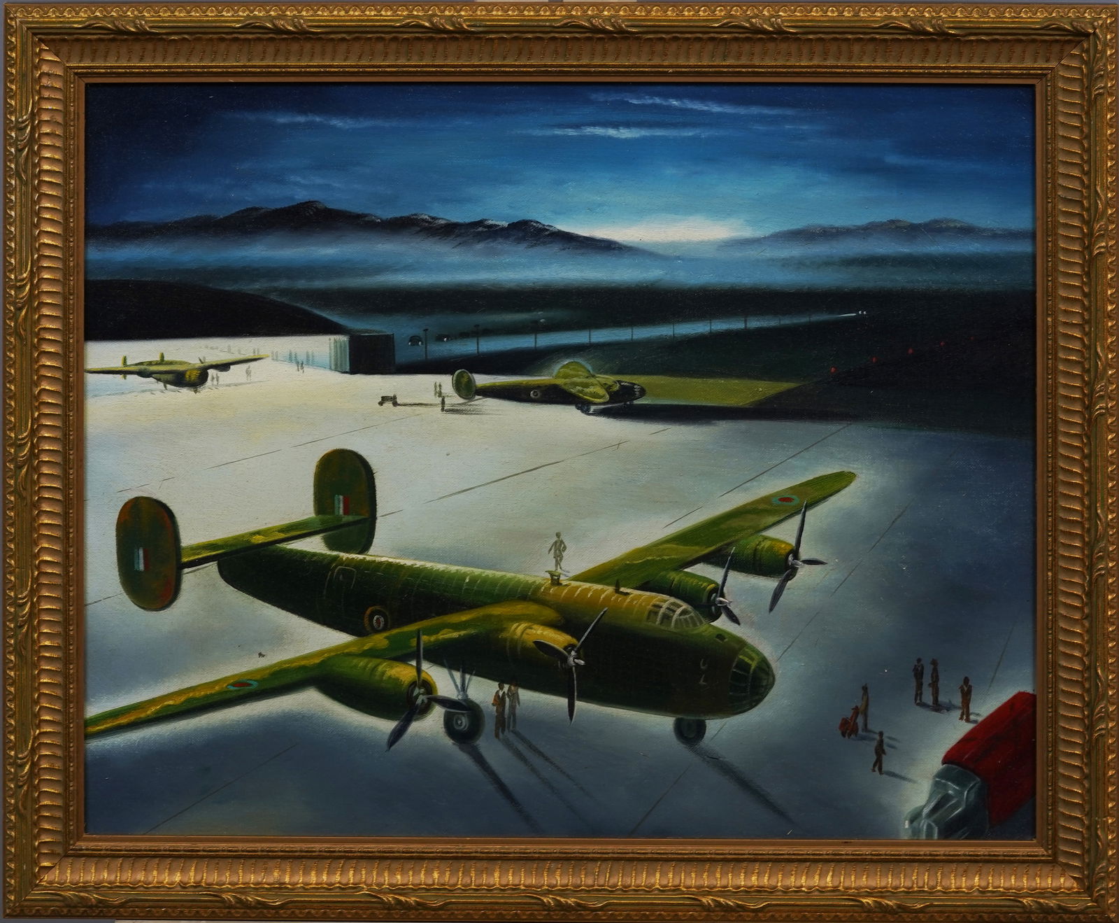 Incredible Antique American Modernist WPA Army Plane Nocturnal Landscape Original Oil Painting (1 of 6)