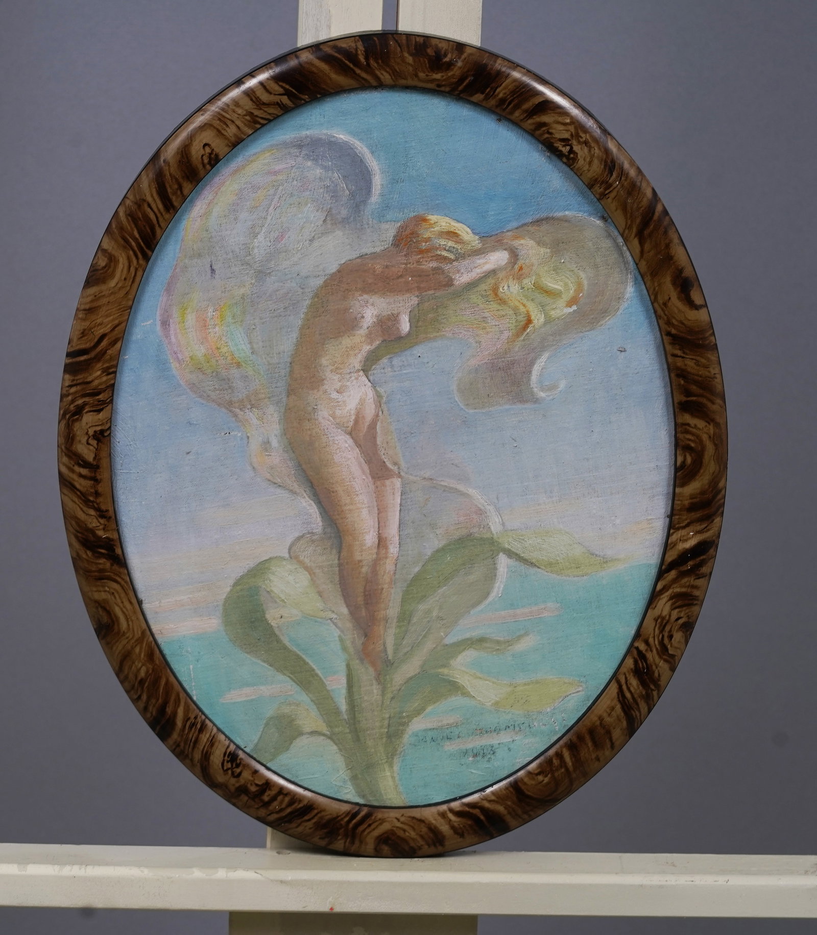 Antique Impressionist Mural Study Nude Woman Classical Rainbow Landscape Surreal Oil Painting: Antique American school impressionist oil painting. Oil on board. Signed what appears to be "Macmonies". Framed. Please see all images for condition and size.