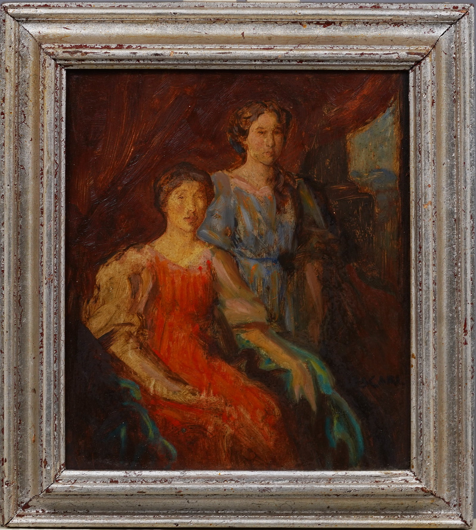 Antique American School Classical Pose Interior Scene Portrait Nicely Framed Original Oil Painting: Antique American school oil painting. Oil on board. Signed lower right. Framed in a nice period silver frame. Please see all images for condition and size.