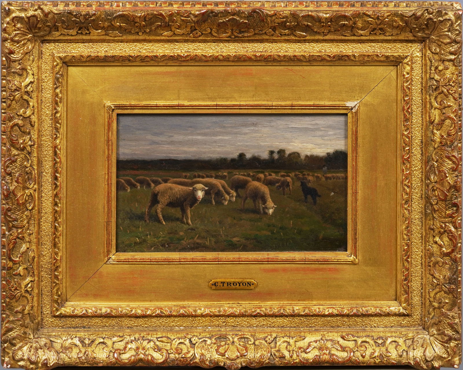 Constant Troyon 1810-1865 Signed French Barbizon School Sheep Grazing Landscape Oil Painting (1 of 8)