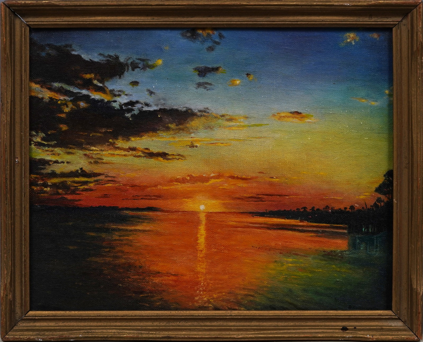 Old Florida Impressionist Sunset Palm Tree Framed Antique Impressionist Original Oil Painting: Antique American oil painting. Oil on canvasboard. Framed. Please see all images for condition and size.