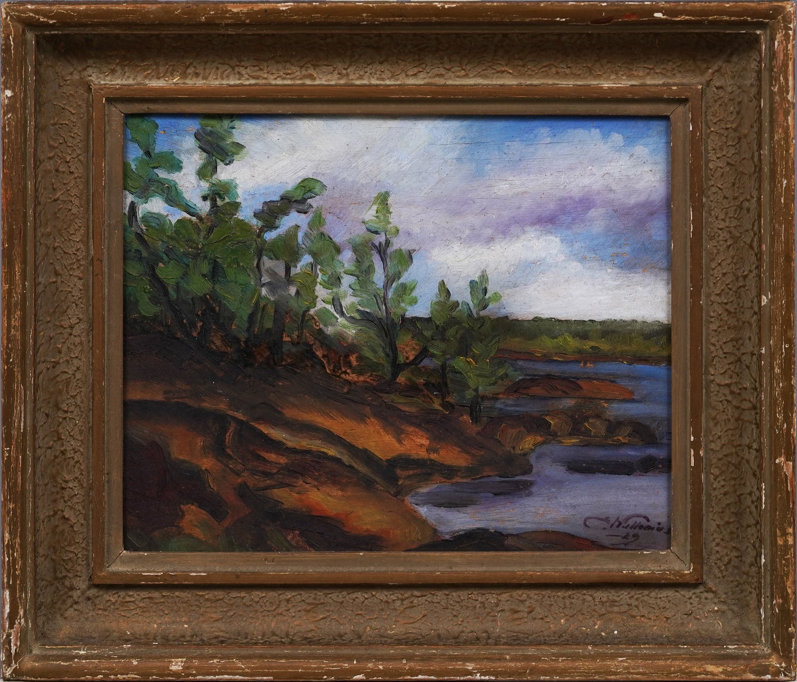 Antique American Impressionist Signed Framed Lake Landscape Original Oil Painting (1 of 5)