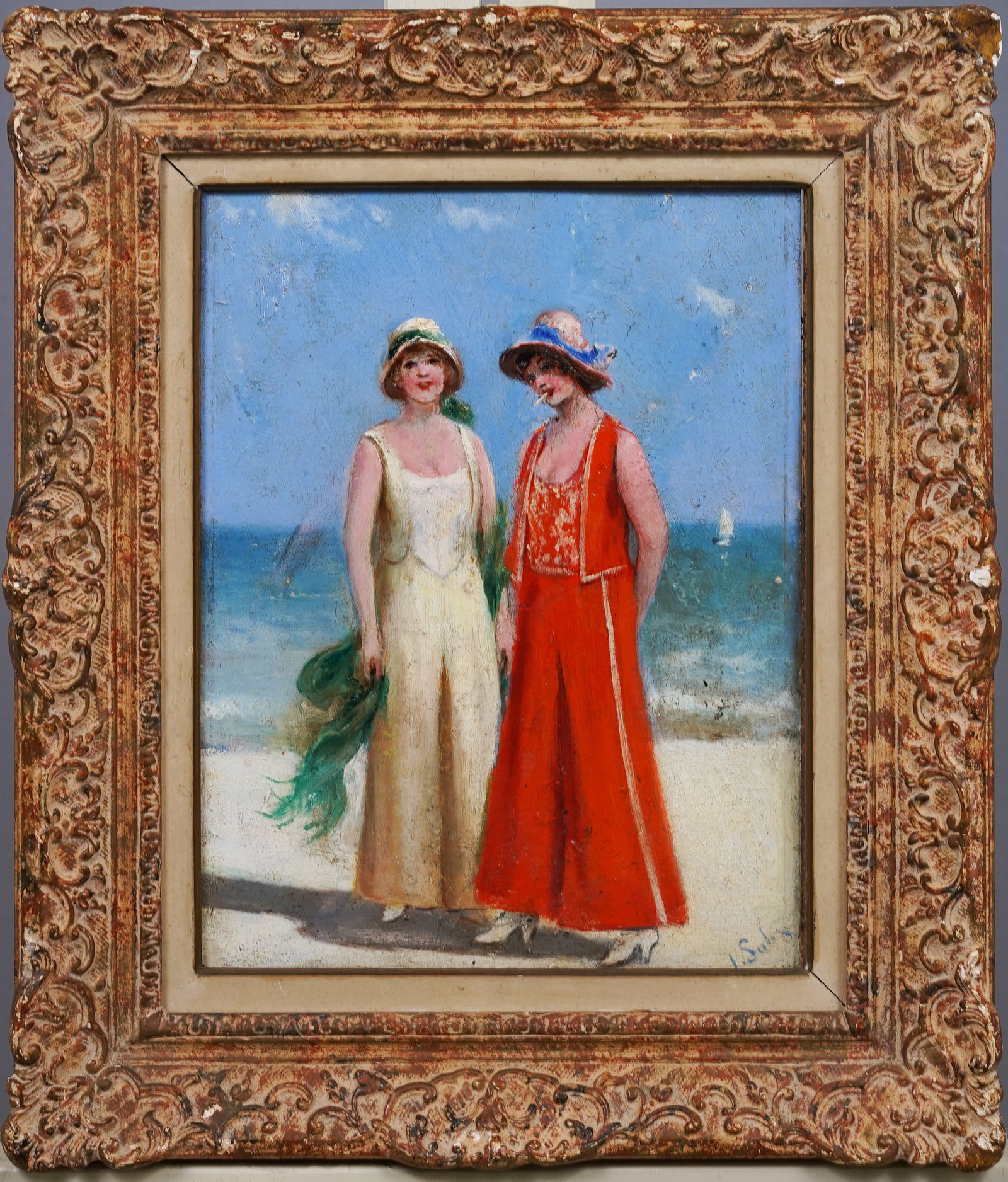 Antique French Impressionist Beach Scene Young Fashionable Women Signed Framed Oil Painting (1 of 7)