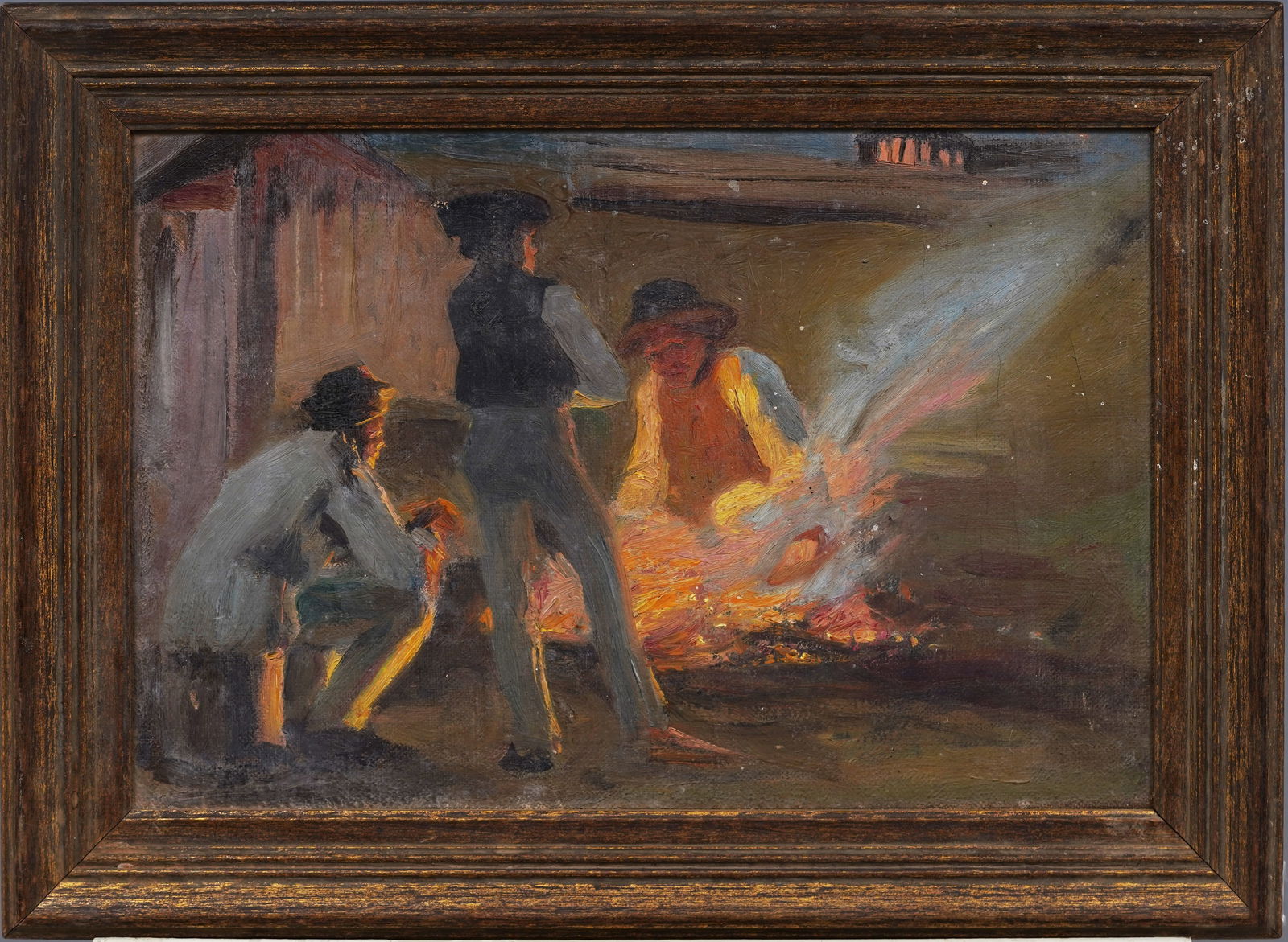 Antique 19th Century Nomadic Herding Farm Scene Nocturnal Fireside Camp Oil Painting (1 of 5)