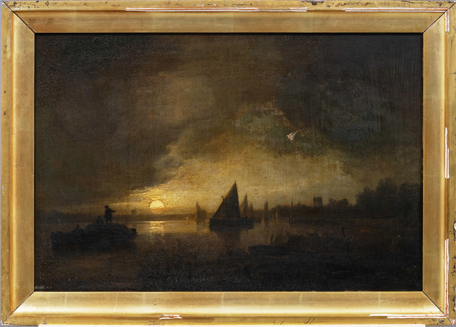 Museum Quality Major American Moonlit River Landscape Antique Sailboat Framed Original Oil Painting (1 of 5)