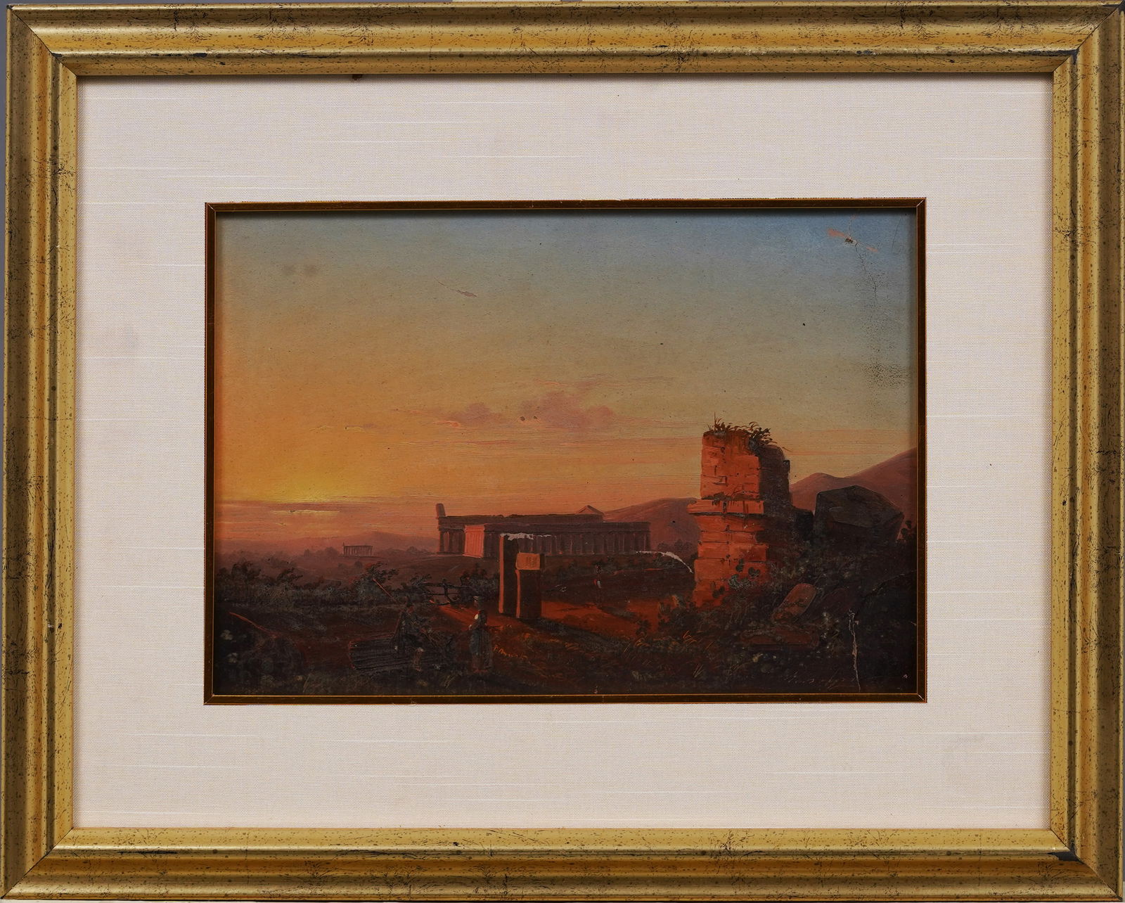 Antique European Greek Italian Ruins Signed Sunset Landscape Original Oil Painting on Paper (1 of 6)