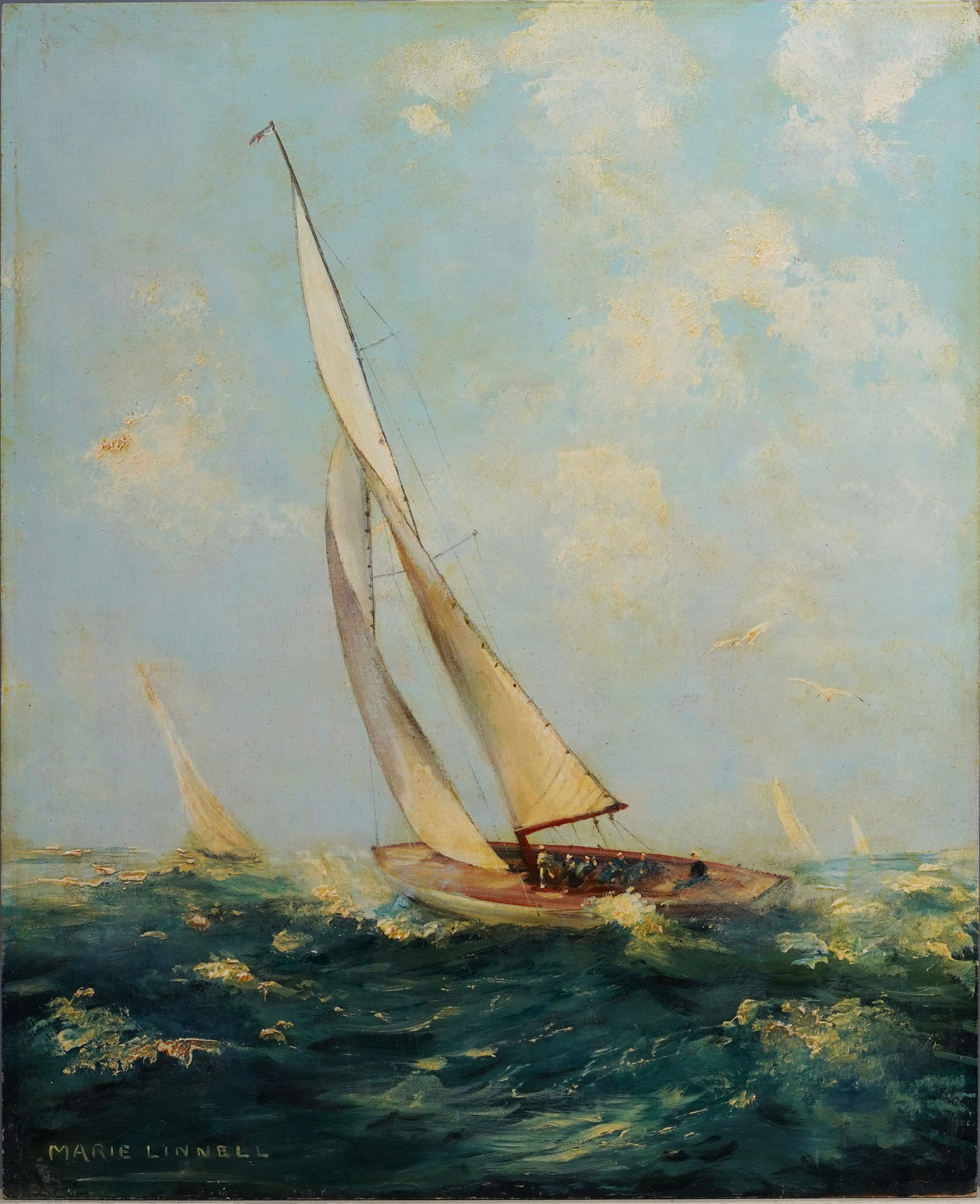 Marie Linnell Antique American Impressionist Sailboat Race Ocean Seascape Original Oil Painting (1 of 6)