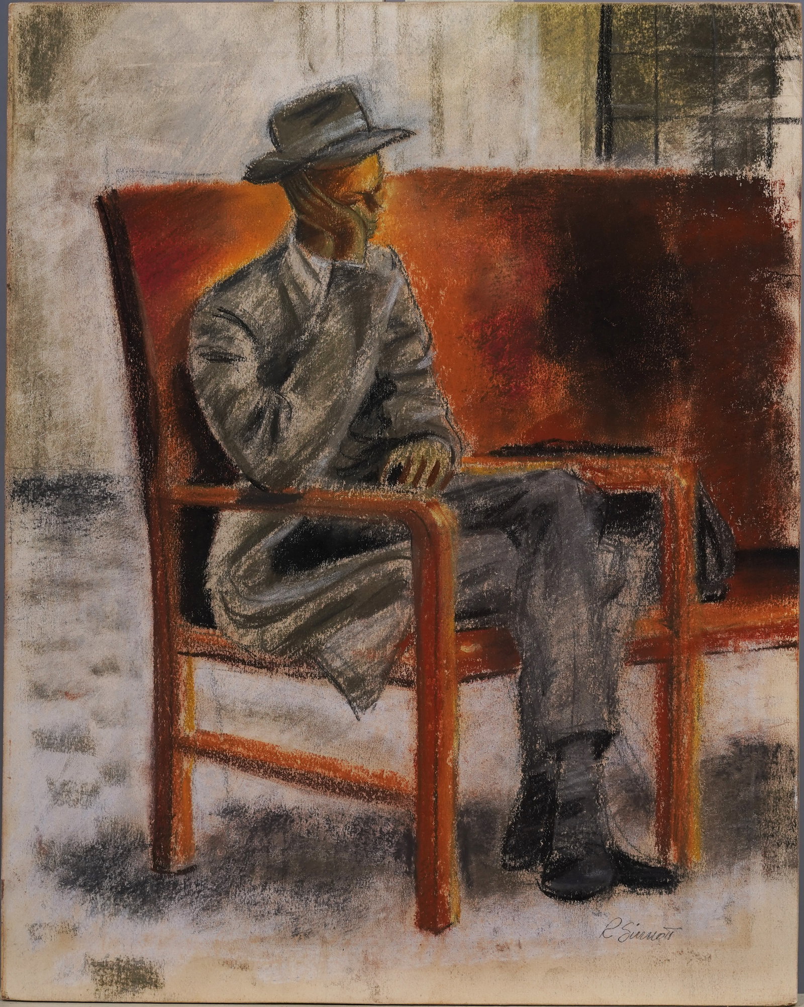 Antique American Midwest Regionalist Chicago WPA Waiting on a Train Male Portrait: Antique American pastel. Pastel on board. Signed. Chicago artist board supplier stamp. Please see all images for condition and size.