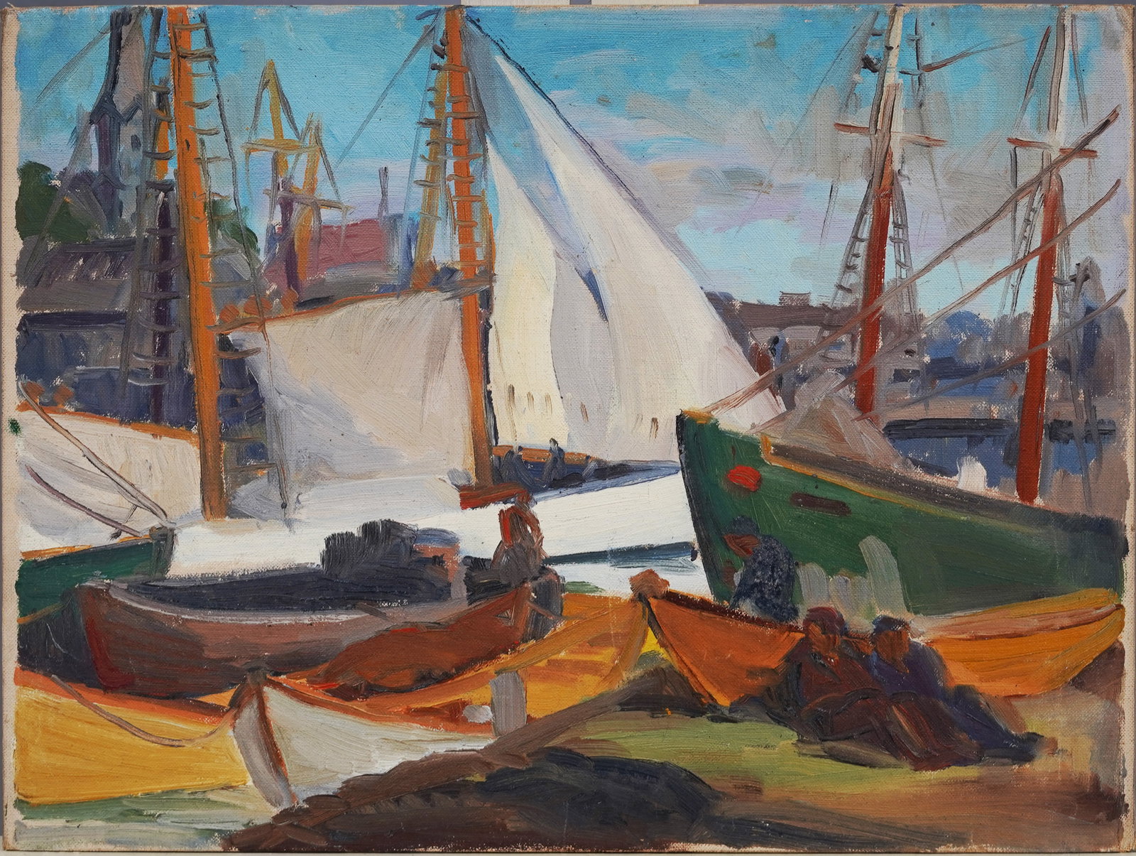 Antique American Impressionist Gloucester Harbor Fishing Docks Early 1900's Original Oil Painting: Antique American impressionist oil painting. Oil on canvasboard. Please see all images for condition and size.