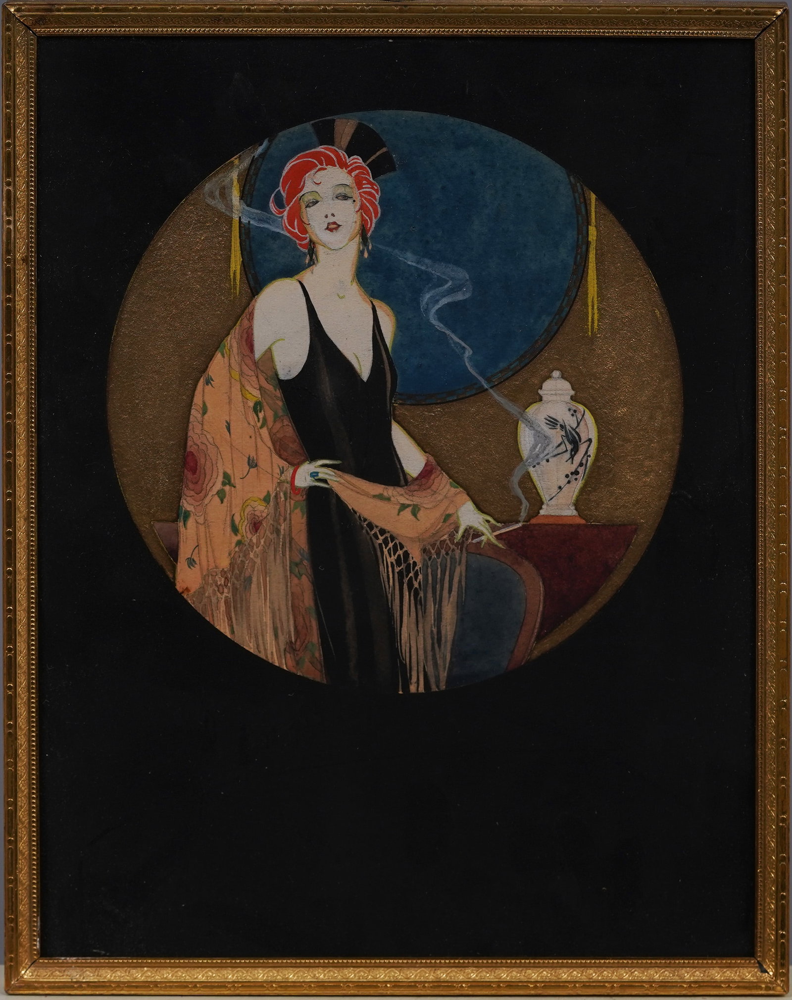 Antique American Art Deco Smoking Elegant Young Woman Portrait Original Oil & Gouache Painting: Antique American oil and gouache painting. Framed nicely. Please see all images for condition and size.