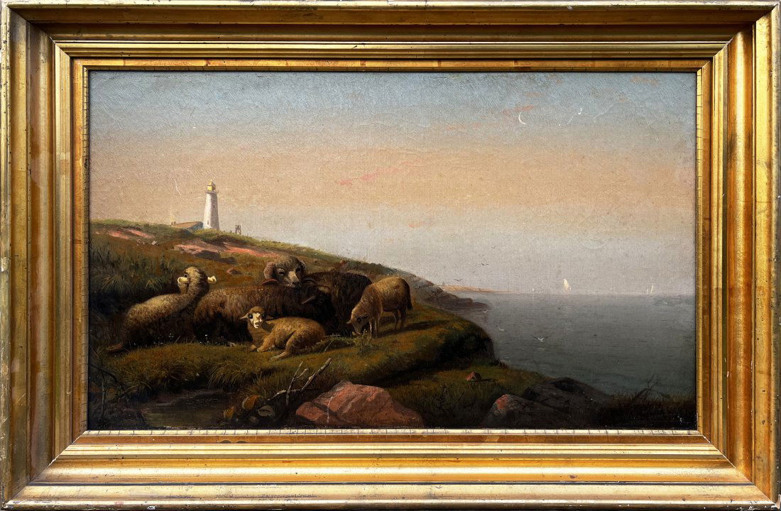 Frank Knox Morton Rehn 1848-1914 Antique American Coastal Lighthouse Sheep Grazing Beach Painting (1 of 9)