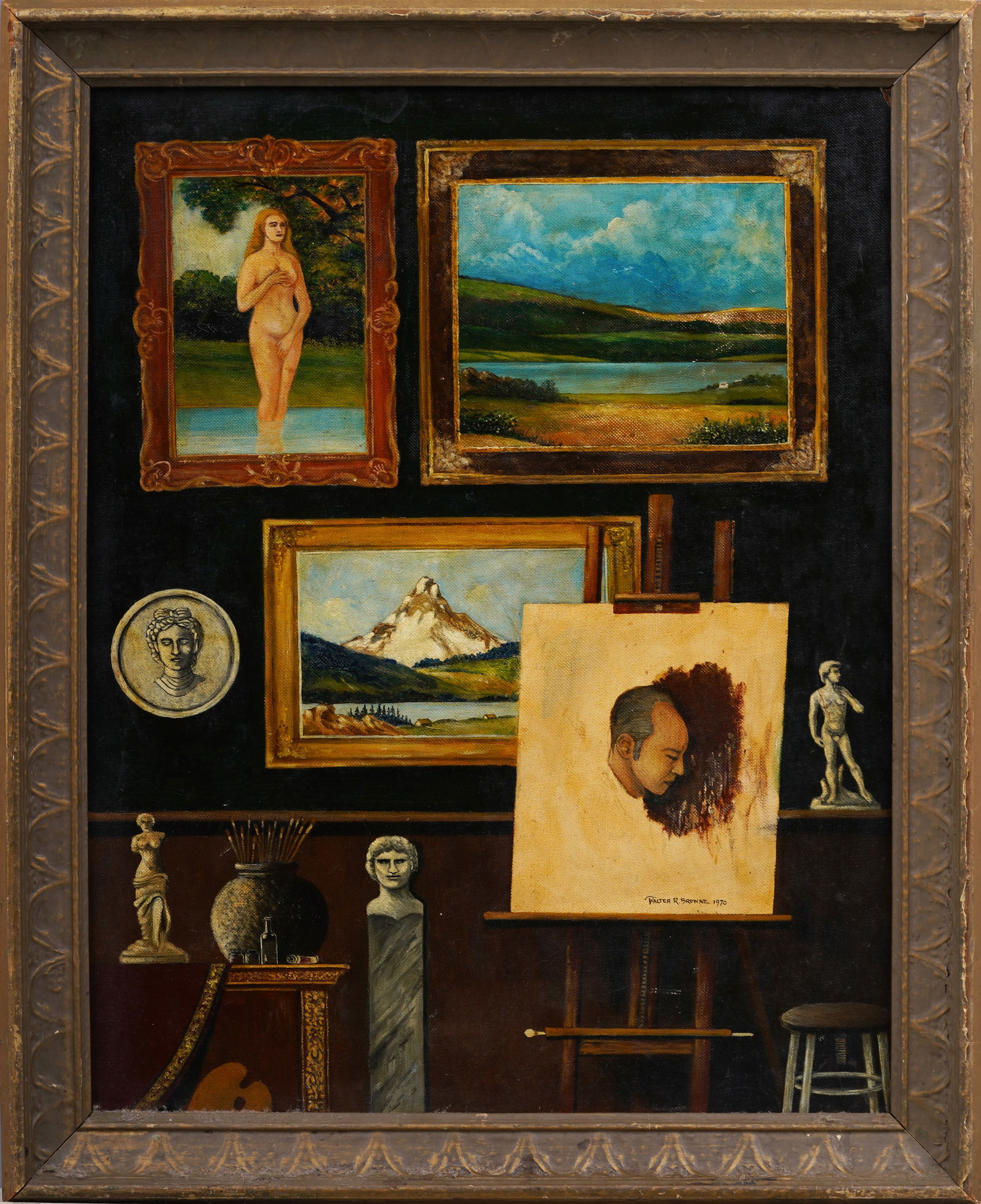 Walter Browne Signed Vintage American Modernist Artist Studio Interior Scene Original Oil Painting (1 of 7)