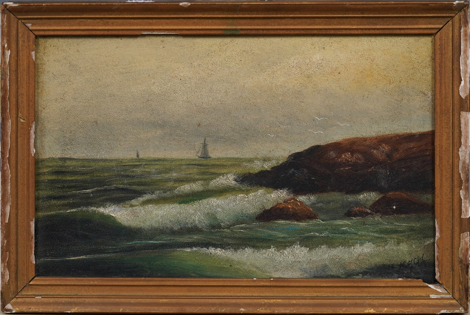 Antique American Hudson River School Coastal Seascape Framed Original Oil Painting: Antique American school seascape oil painting. Oil on board. Signed. Framed. Painting size 6" x 9 1/2". Please see all images for condition and size.