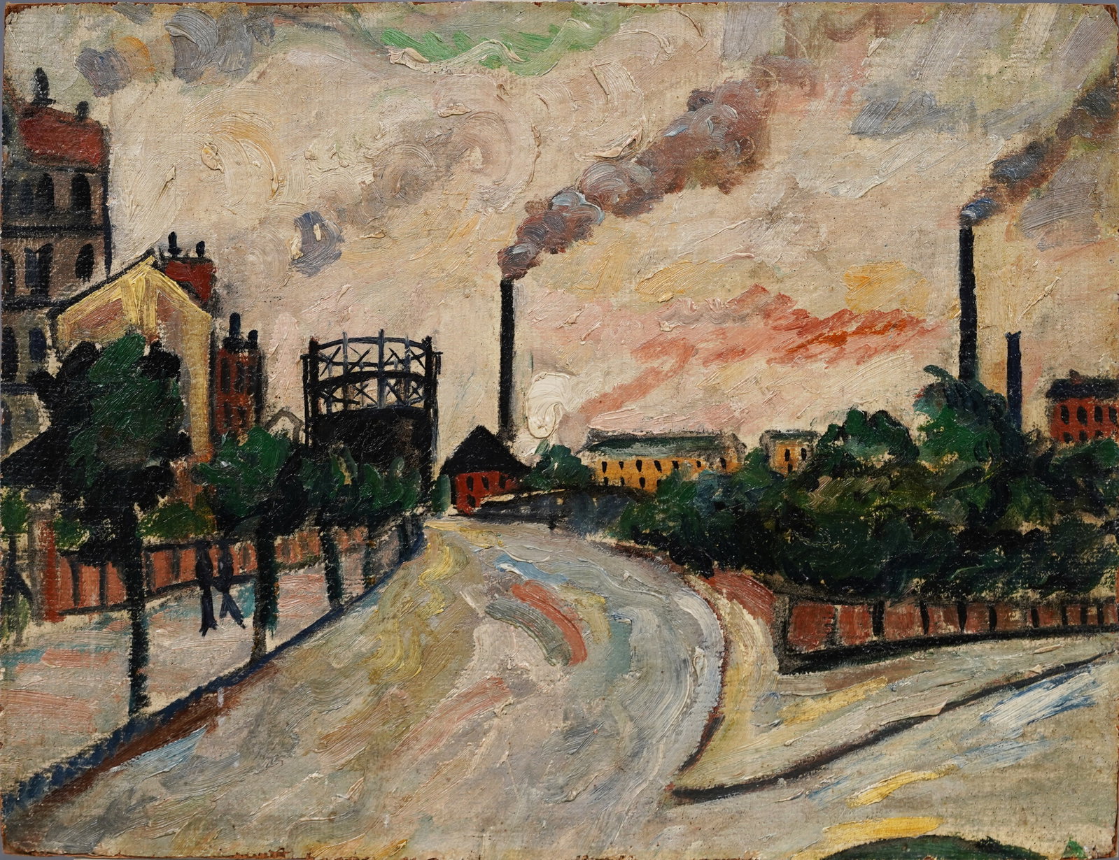 Antique American Modernist Industrial Power Plant Cityscape Vintage Sunset Oil Painting: Antique American oil painting. Oil on board. Please see all images for condition and size.