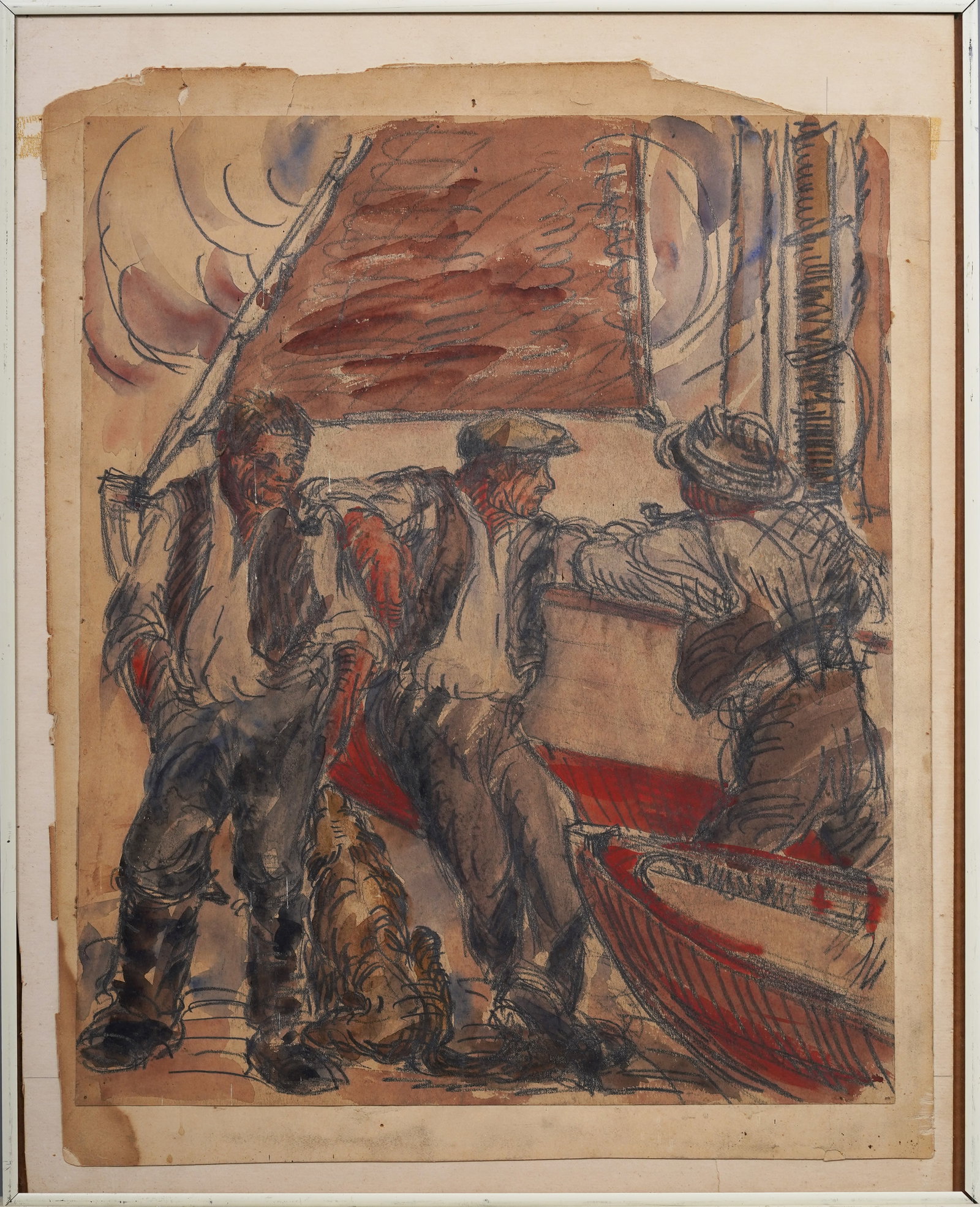 Antique American Modernist WPA Ashcan Dock Workers Relaxing with Dog Original Painting: Antique American modernist painting. Watercolor on paper. Please see all images for condition and size.