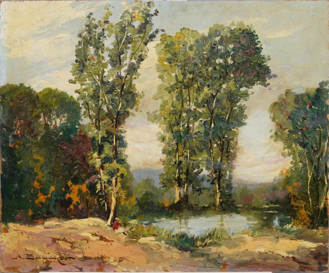 Signed American Impressionist Forest Clearing Lake Landscape Oil Painting (1 of 7)