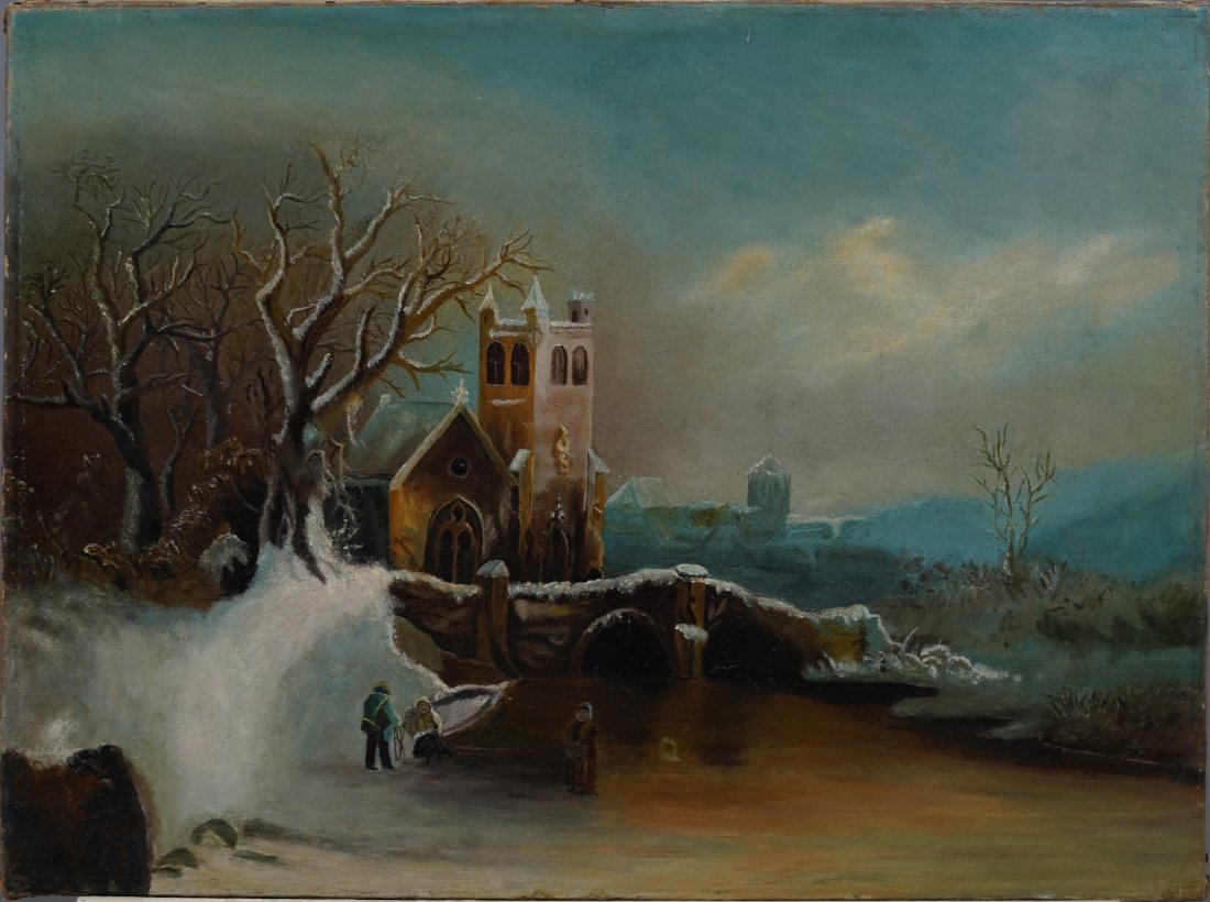 Antique English Winter Folk Art Landscape Oil Painting (1 of 4)