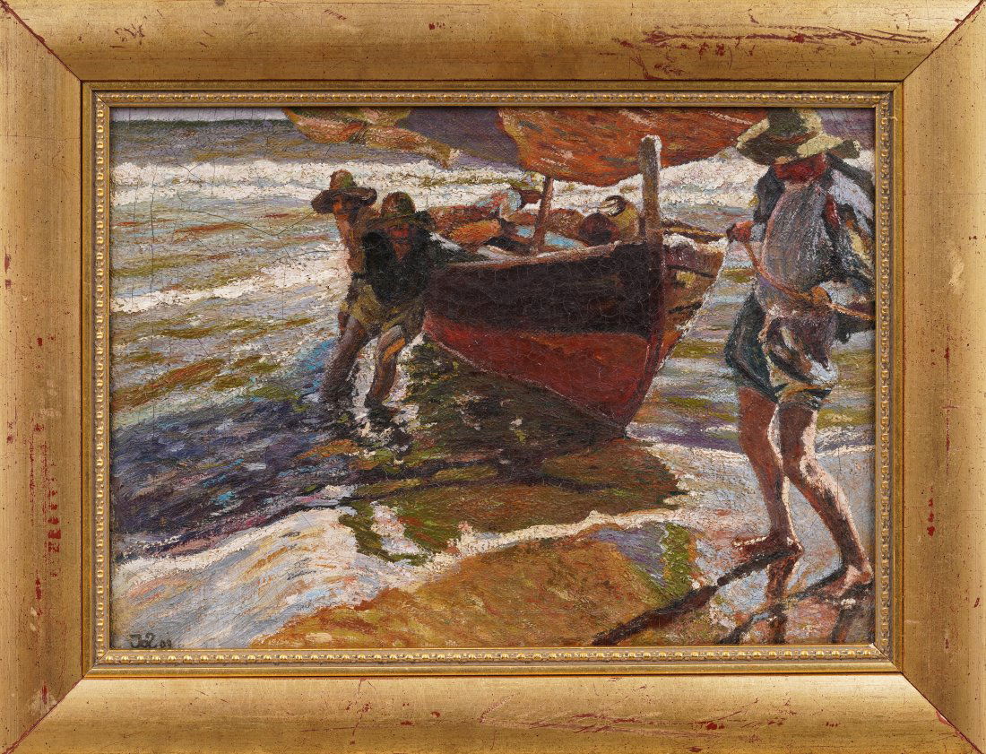 Antique European Beach Seascape Fishing Boat Signed Framed Oil Painting (1 of 6)