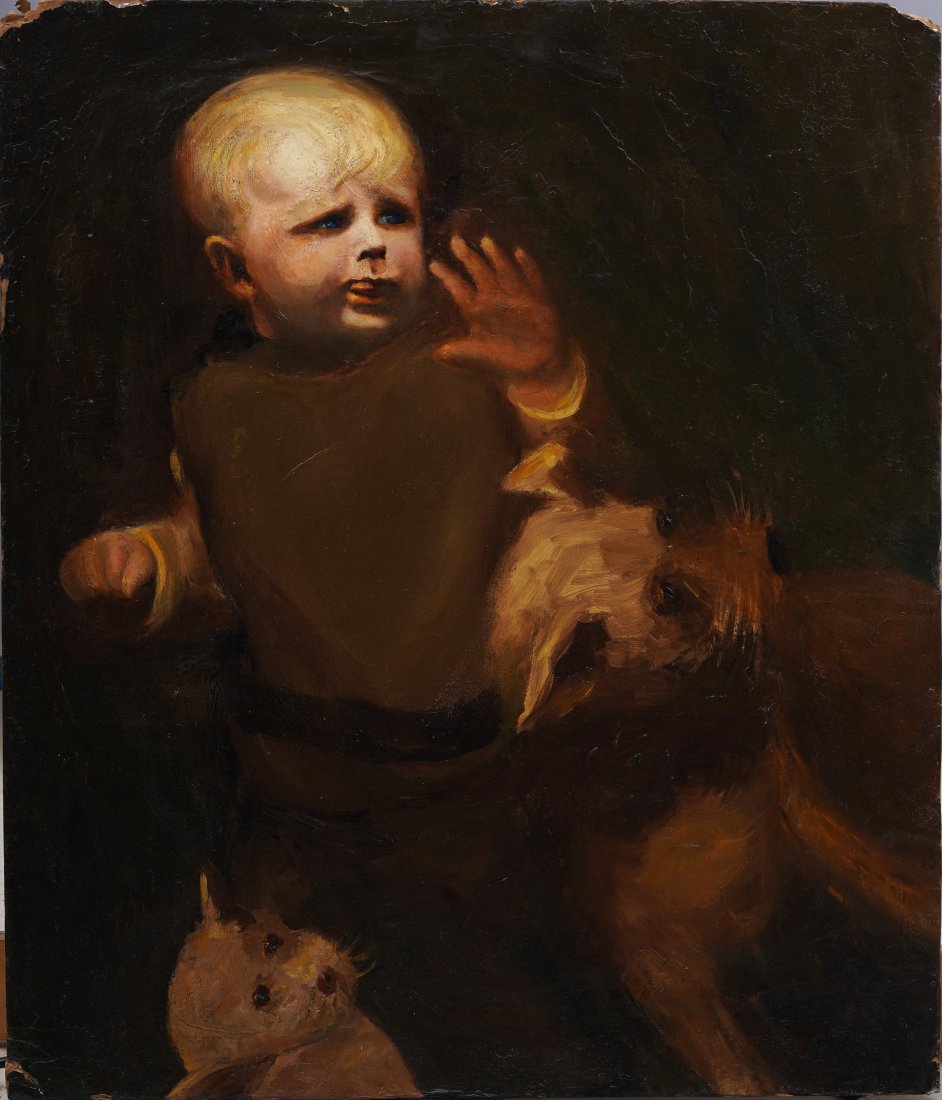 Finely Painted Antique European Portrait Young Boy with Dogs Original Oil Painting (1 of 4)