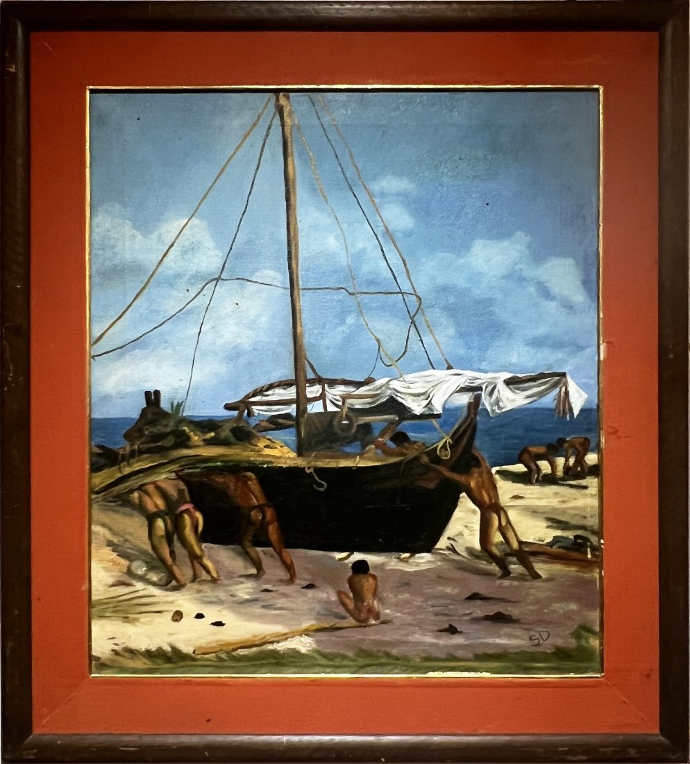 Male Nude Shipwreck Nassau Bahamas American School Impressionist Oil Painting Framed: Antique oil on canvas of male nudes at a beach. Oil on canvas. Framed. 17.75L x 20.75H.