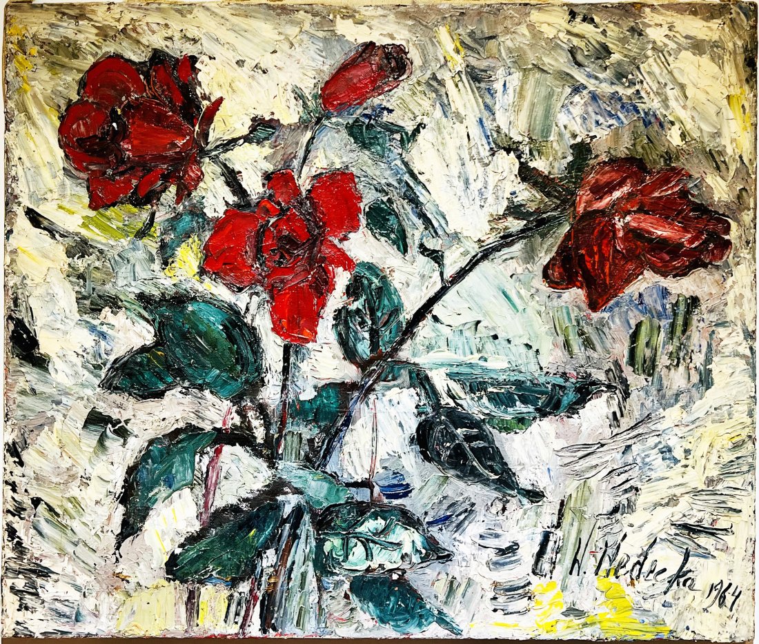 Antique Thick Impasto Polish Modernist Abstract Flower Still Life Signed Exhibited Oil Painting: Vintage nicely painted modernist still life. Oil on canvas. Signed lower right with an exhibition label as well. Image size, 21.75L x 18.25H.