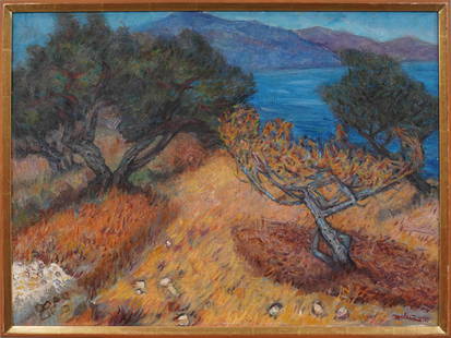 Fedor Malancec (1902 - 1985) Antique Croatian Orebi? Olive Grove Original Oil Painting: Antique Croatian coastal impressionist oil painting by Fedor Malancec (1902 - 1985). Oil on canvas. Signed. Framed. Please see all images for condition. Size is measured and written on the back of