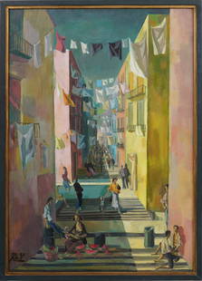 Peter Todd Mitchell (1924 - 1988) Antique Italian Street Scene Modernist Original Rare Oil Painting: Antique American artist Peter Todd Mitchell (1924 - 1988) oil painting of a street in Italy. Feels like an Amalfi coast scene. Oil on canvas. Signed. Framed. Please see all images for condition. Size