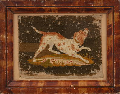 Antique American Hooked Rug Dog Portrait Textile Tapestry: Antique American knit object. Framed. Please see all images for condition. Size is measured and written on the back of the painting. The first size is the overall size, the second size is the image si